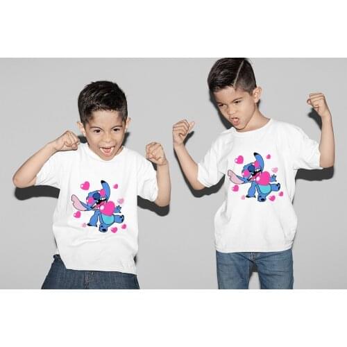 Woman T-shirt Kawaii Stitch Tshirt Baby Girl T shirt Fashion Summer Street Kid Clothes Retro Twins Tee Family Matching Outfits