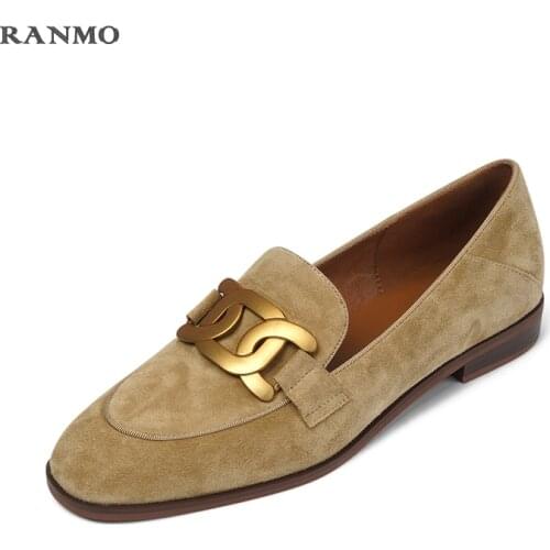 Women Genuine Leather Flats Loafers Round Toe Sheep Suede Chain Loafers Slip on Footwear Ladies Cozy Casual Shoes 2021 New Shoe