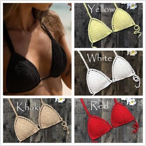 Womens Swimsuit Hand Woven Cotton Hollow Out Beach Bikini Split Swimsuit Top