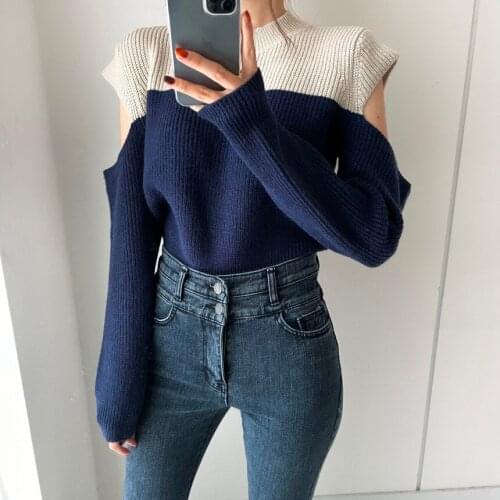 Korean 2021 Autumn Winter Sexy Off Shoulder Knitwear Tops Women Vintage Hit Color Patchwork Knitted Sweater Long Sleeve Pullover