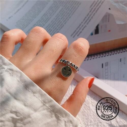 925 Sterling Silver Rings For Women Adjustable Smiley Face Beaded Romantic Wedding Punk Accessories Lady Fashion Party Jewelry