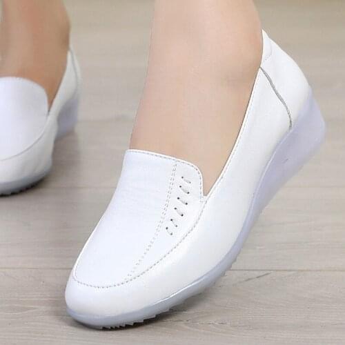 White Genuine Leather Shoes Soft Bottom Non-slip Comfort Women Casual Shoes Flat Wedges Spring Autumn Women Shoes Flat Shoes