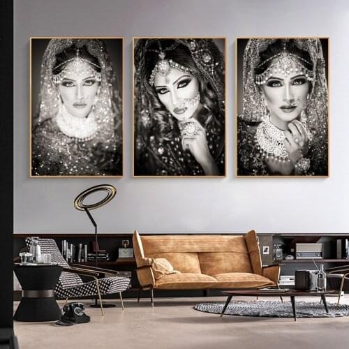 Black and White Indian Bride Model Canvas Painting Portrait Prints Pictures Wall Art Posters for Living Room Home Decoration