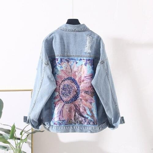 Spring boho Denim jacket for women autumn Sequin floral appliques jeans jackets coat long sleeve Outerwear female casual jacket
