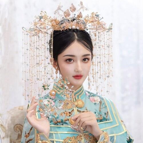 Bride Xiuhe Headdress Chinese Phoenix Crown Wedding Simple and Exquisite Wedding Hair Accessories Headdress + Earrings
