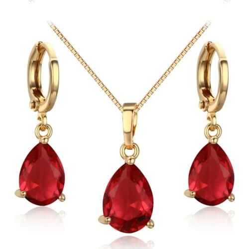 Cute Yellow Gold Color Pear Rose Red CZ Small Teardrop Drop Earrings Pendant Necklace Jewelry Sets For Women Girls Kids Aros