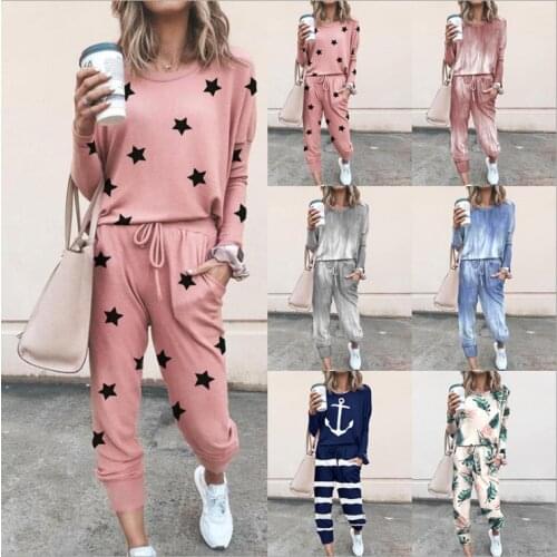Women Long Sleeve 2 PCS Tracksuit Set Casual Print O Neck Loose Tops Drawstring Elastic Waist Long Pant Ladies Home Pajama Suits