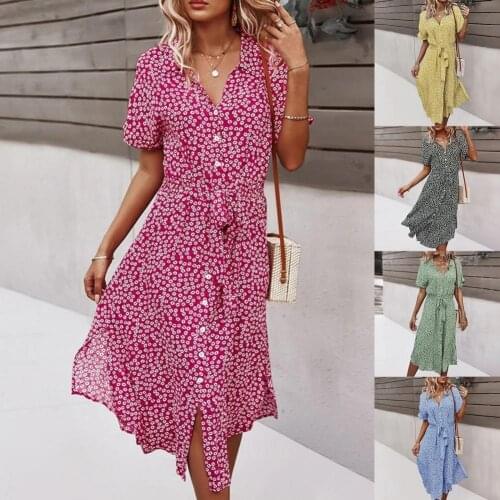 Hot Sales Summer Women Dress Single-breasted Floral Print Short Sleeve Loose Midi Dress for Party