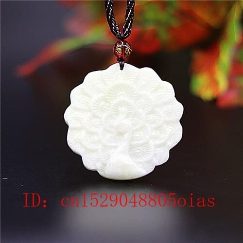 Natural White Chinese Jade Peacock Pendant Necklace Charm Jewelry Double-sided Carved Amulet Fashion Accessories Gifts for Her