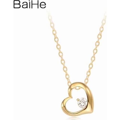 BAIHE Solid 18K Yellow Gold 0.06CT Natural Diamond Women Wedding Gift Fine Jewelry Elegant Trendy Diamond Heart Necklaces
