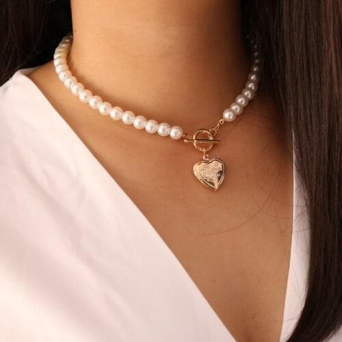 New Arrival Gold Color Heart locket Pendant Necklace for Women Imitation Pearls Choker Necklaces Fashion Jewelry