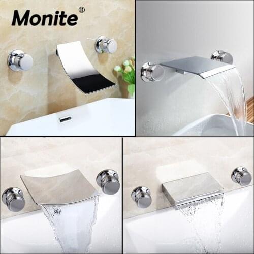 Monite Solid Brass Bathroom Bathtub Waterfall Roman Tub 2 Handles 3pcs Faucet Mixer Taps Filler Faucet Handshower Chrome