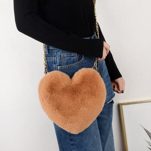 2020 New Womens Heart Shaped Faux Fur Crossbody Wallet Chain Shoulder Bag Lady Handbag Plush Heart Bag Women Bag