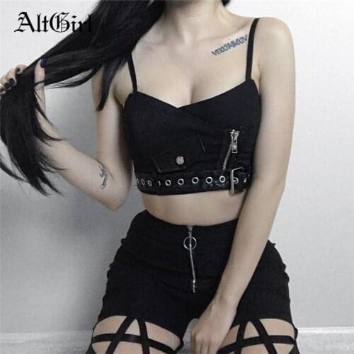 AltGirl Mall Goth Grunge Camis Women Streetwear Harajuku Pu Zipper Patchwork Crop Tops Dark Academia Emo Alternative Techwear