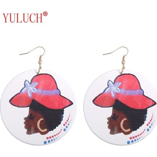 YULUCH Personality Fashion Woman Natural Wooden Painted Jewelry Pendant for Beautiful African Ethnic Girl Pattern Earrings