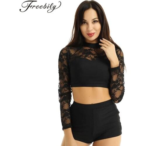 Women Two-piece Dancewear Round Neck Lace Long Sleeve Crop Tops Shorts Set Adult Gymnastics Ballet Jazz Dance Practice Costume