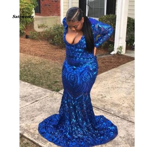 Plus Size Long Mermaid Prom Dresses New V Neck Sweep Strain Royal Blue Sequined Long Sleeve Formal Evening Gowns Party Dress