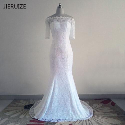 JIERUIZE White Vintage Lace Mermaid Wedding Dresses Off the Shoulder Half Sleeves Cheap Bride Dresses vestidos de novia
