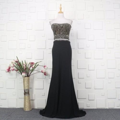 Black Crystal Beads Evening Dresses Mermaid 2021 Two Pieces Strapless Floor Length Evening Gowns for Women