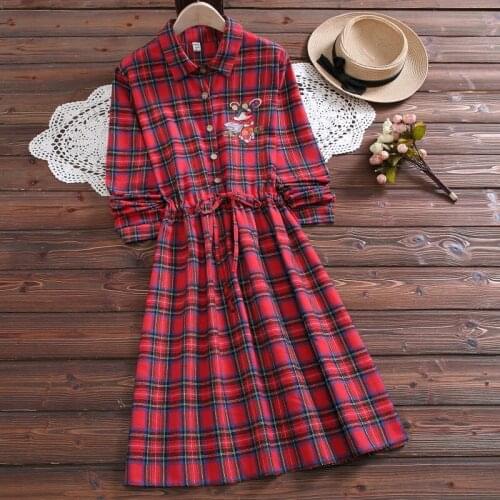 Spring Vintage Women Stand Collar Long Sleeve Red Plaid Mini Dress