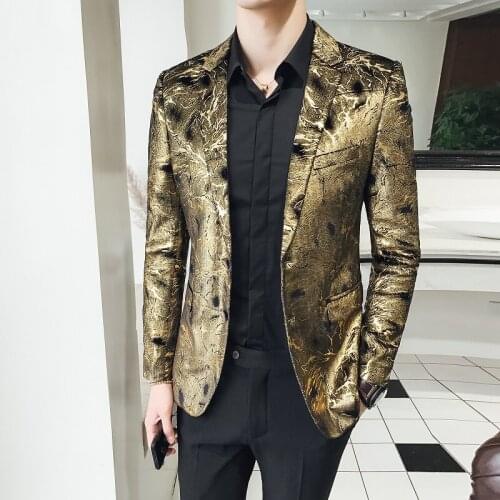 Gold Blazer Elegent Slim Fit Plus Size Coat Banquet Party Nightclub Groom Wedding Suit Singer Host Stage Costume British Style