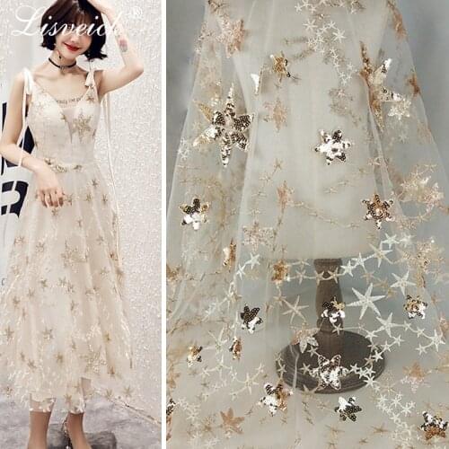 1yard Beautiful gold Sequin Star Embroidery lace Fabric for wedding Party evening dress French Tulle lace