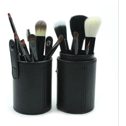 Goody quality 12pcs cosmetics brush tools soft goat hair black wooden handle makeup brush set with PU barrel