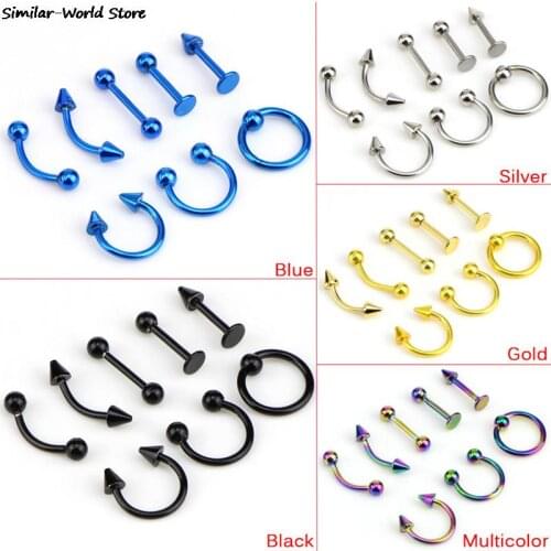 8Pcs/set Surgical Steel Eyebrow Lip Nose Hoop Nostril Ear Tongue Piercing Set Piercings Ring Body Jewelry For Women Men Ear Stud