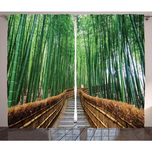 Bamboo Jungle Curtains Pier Road Asian Forest Scenery Satin Fabric Drapes for Living Room Bedroom 2 Panel Window Set