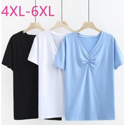 New 2021 summer plus size tops for women large short sleeve loose casual cotton blue white black V neck T-shirt 4XL 5XL 6XL