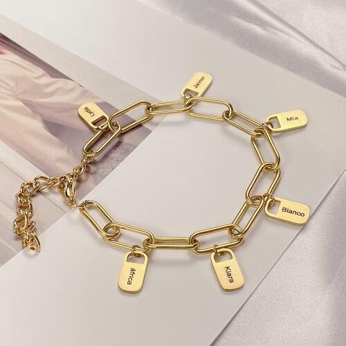 HUHUI Custom Name Bracelet 1-6 Nameplates Pendant Stainless Steel Rectangular Chain Personlized Bracelet For Women Jewelry Gift