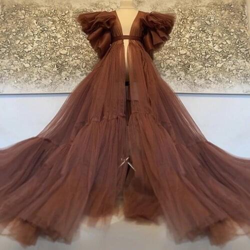 Brown Chocolate Sexy Bridal Maternity Dress For Photo Shoot Short Sleeve Sheer Bridal Robe Tulle Dress Front Slit Tulle Robes