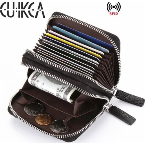 CUIKCA RFID Wallet Slim Wallets Leather Purse Women Men Wallet Double Zippers Coins Purse ID Credit Card Holders Cases