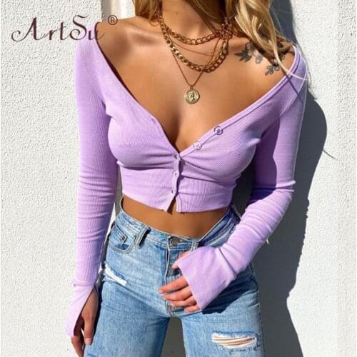 ArtSu Women Long Sleeve Crop Tops Sexy V Neck Basic Solid Purple Black White Lady Rib Knit Off Shoulder Top Autumn Streetwear