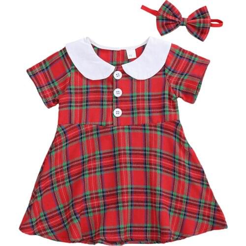 Citgeett Summer 0-24M Christmas Baby Girls Dress Headband 2pcs Plaid Print Collar Front Button A-Line Dress