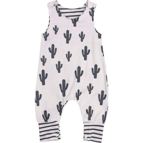 2021 Newborn Summer Romper, Baby Sleeveless Cactus Print U-shaped Neck Playsuit (White)