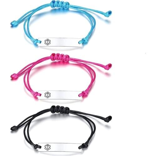 Vnox Unisex Medical Cross ID Bracelets for Women Men Kids Personalize Stainless Steel Bar with Adjustable Length Rope Chain