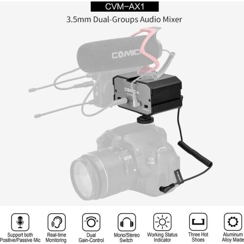 Comica CVM-AX1 DSLR Mixer, 3.5mm Mono Stereo Dual-Channel Audio Mixer for DSLR Canon nikon Camera Camcorder Smartphone Aluminum