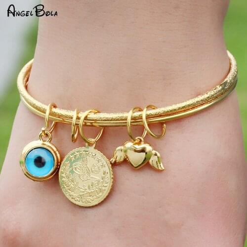 Fashion Gold Coin Heart-shaped Wings Lucky Demon Eye Pendant Accessory Women Charm Bracelet Banquet Holiday Gift Wholesale