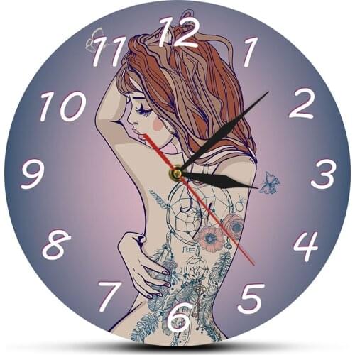 Tattoo Wall Clock Sexy Perfect Body Tattoos Tatted Back Silent Quartz Wall Clock Young Beautiful Woman With Tattoo Studio Sign