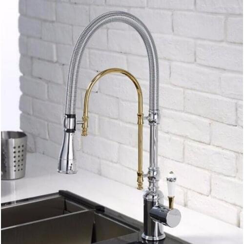 New Style Brass Polished Chrome Spring Pull Out Kitchen Sink Faucet Single Handle Hot & Cold Water Kitchen Mixer tap
