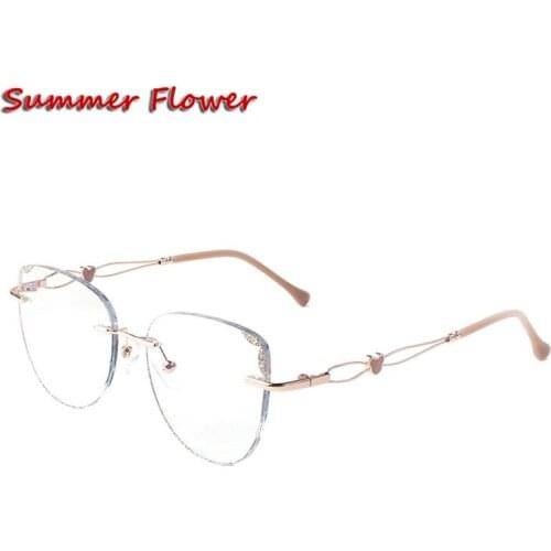 Square Optical Glasses Rimless Titanium Light Spectacles Fashion Eyeglasses Frame for Women Diamond Trimmed Stones Crystal