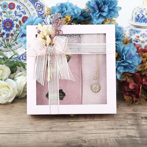 Special Luxury Wooden Box Pink, Shawl, Necklace, Quran Set FREE SHİPPİNG