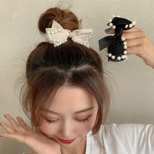 Vintage Bowknot Hair Tie for Woemn Pearl Hair Accessories Fabric Streamer High Elastic Rubber Bands