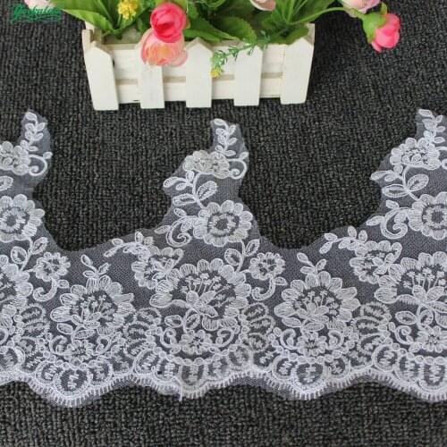 YACKALASI 5 Yards/Lot White Bridal Lace Fabric Wedding Lace Appliqued 3D Flower Embroidered Lace Scalloped Mesh Princess 21cm