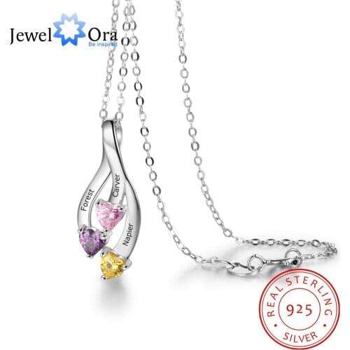 JewelOra Personalized Name Necklace with 3 Heart Birthstones Real 925 Sterling Silver Customized Family Necklaces & Pendants