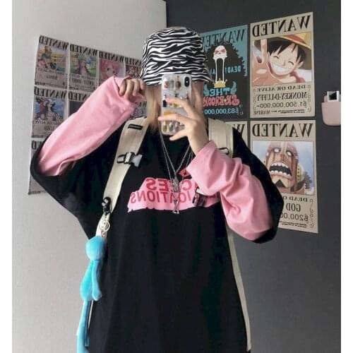 Spring/summer Tshirt Women T Shirt Streetwear Korean Printed Letters Fake Two Loose Long-sleeved T-shirt Tops Oversized Punk Top