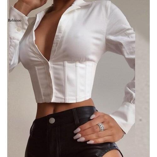 Women Lace Up White Sexy V-Neck Tops and Blouses Long Sleeve Fashion Crop Tops Shirts Ladies Blouses Streetwear
