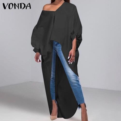 Women Casual Solid Long Blouse Sexy V Neck Elegant Tops VONDA Pleated Asymmetric Hem Puff Sleeve Blouse Plus Size Party Blusas