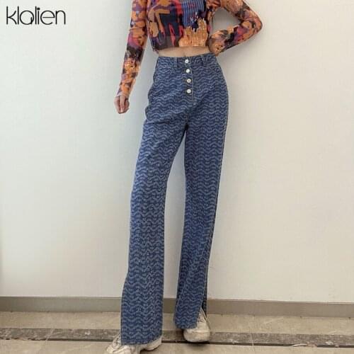 KLALIEN Fashion Hole High Waist Loose Blue Jean Women Autumn New 2020 Street Casual Wild Soft Cotton Wide Leg Pants Lady